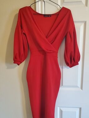 Boohoo Crimson Wrap V-Neck Midi Dress with Puff Sleeves